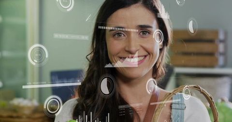 Smiling woman holding woven basket at farmers market displaying ar data overlay interface