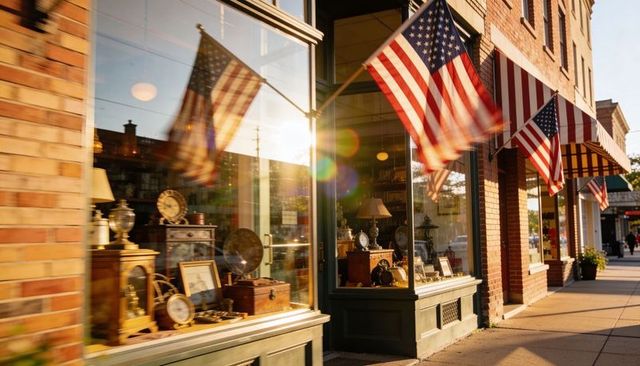 Vintage mantel clocks in antique shop window on small-town main street with american flags