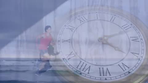 Fitness Enthusiast Running on Beach with Ominous Clock Overlay