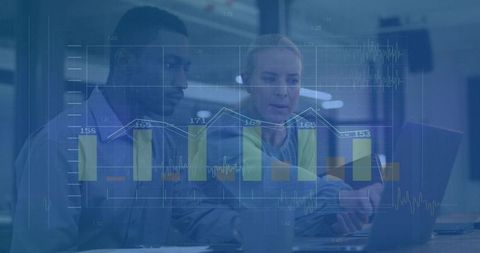 Colleagues collaborating and analyzing financial dashboard on laptop with data overlays