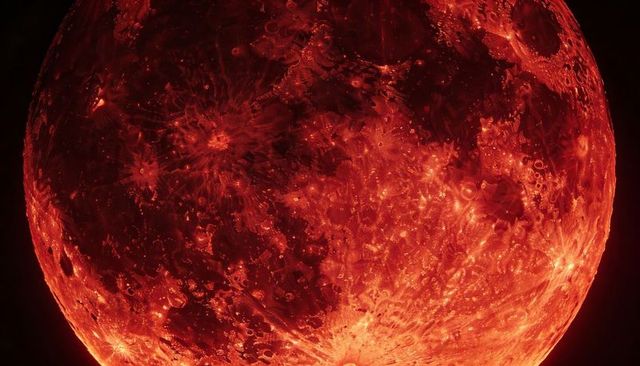 Glowing Crimson Moon Closeup Showing Impact Craters, Ejecta Rays and Rugged Topography