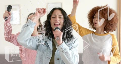 Friends singing karaoke at home living room trio holding microphones cheering and laughing