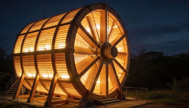 Glowing timber drum sculpture illuminating night park with radial spokes, ladder access