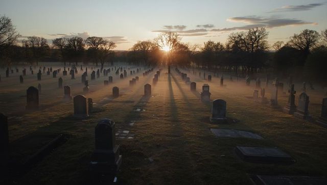 Misty Cemetery Sunrise Casting Shadow Across Silent Tombstones