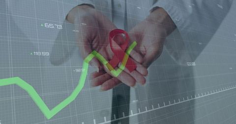 Medical professional holding red awareness ribbon over analytics grid showing growth