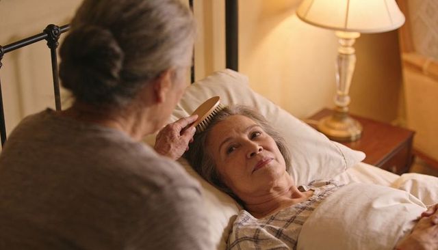 Companion brushing hair of reclining senior woman in cozy bedside caregiving moment