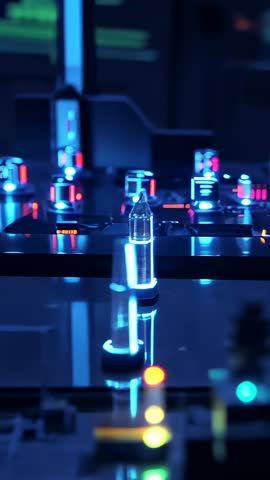 Vertical lab conveyor tracking LED modules centering ampoule under neon lighting