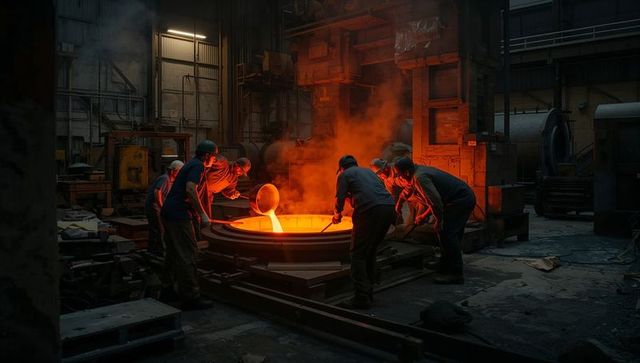 Foundry workers pouring molten metal into mold, team casting at industrial steel plant