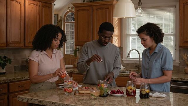 Friends preparing colorful fruit-infused drinks at kitchen island for summer gathering