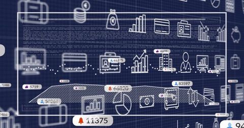 Futuristic Analytics Dashboard with Wireframe Icons, Metrics Badges and Graph Visualizations