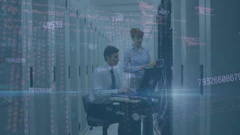 Engineers Analyzing Data in Modern Server Room with Code Overlays