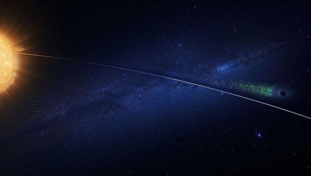 Solar beam linking glowing star to black hole with accretion disk and cosmic jet