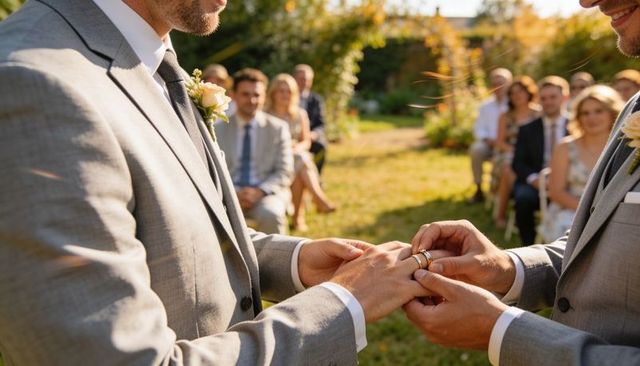 Two grooms exchanging rings outdoors sunlit garden wedding light gray suits boutonnieres