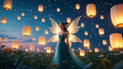 Ethereal fairy gliding in lantern-lit meadow at dusk