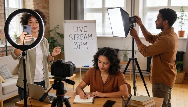 Creators filming live stream in modern home studio with ring light, dslr and softbox