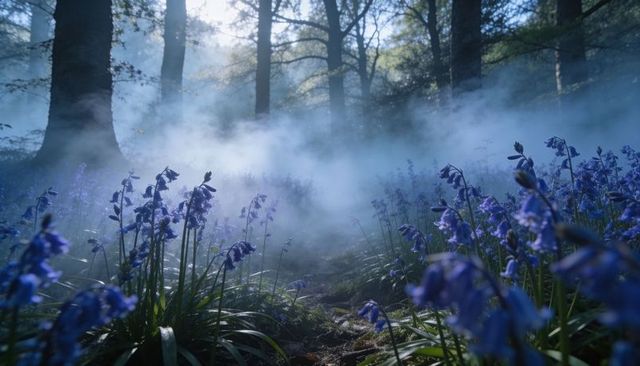 Bluebells leading narrow woodland path into misty sunbeams, ethereal spring morning forest