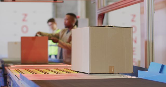 Warehouse workers are sorting and packaging boxes on a conveyor belt. Ideal for illustrating logistics, transportation, shipping services, industrial workplaces, and inventory management processes. Useful for articles or ads related to supply chain management, warehouse operations, and e-commerce fulfillment services.
