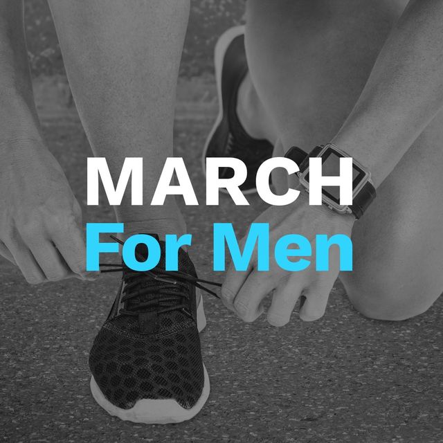 Low section of male competitor tying shoelace before race with march for men text. digital composite, event and prostate cancer awareness campaign concept.