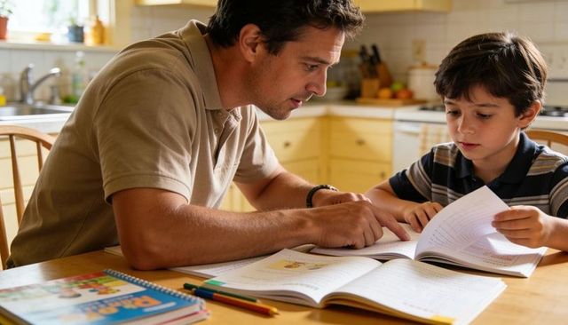 Father tutoring son at kitchen table with workbooks and pencils, focused homework moment