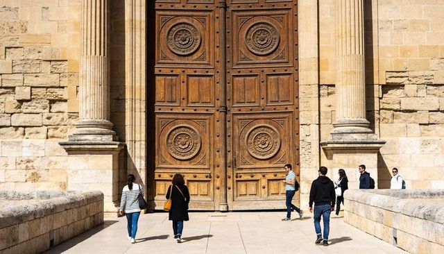 Grand carved wooden door with fluted stone columns and pedestrians on sunlit plaza