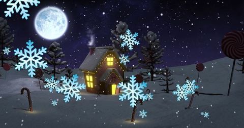Enchanting winter scene with snowy cottage under full moon