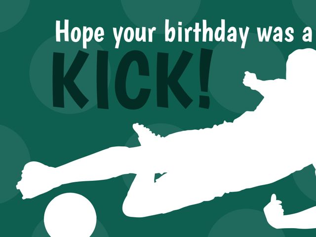 Birthday card featuring a silhouette of a soccer player on a green background with playful font. Great for sports parties, athlete recognitions, youth events, or any soccer enthusiasts. Conveys excitement and energy ideal for sporty-themed celebrations.