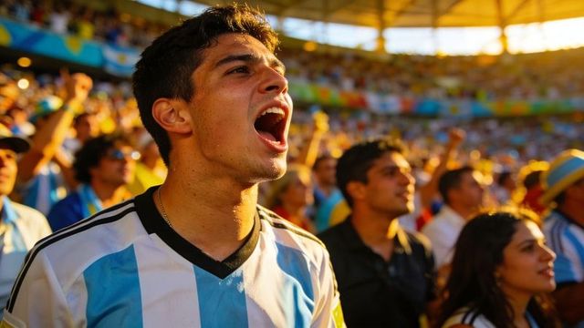Passionate soccer fan shouting in stadium wearing light blue and white striped jersey