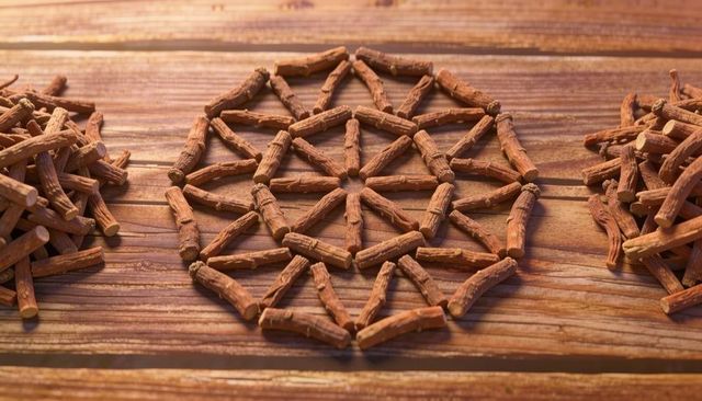 Rustic bark-covered twig mandala forming geometric radial pattern on wooden planks