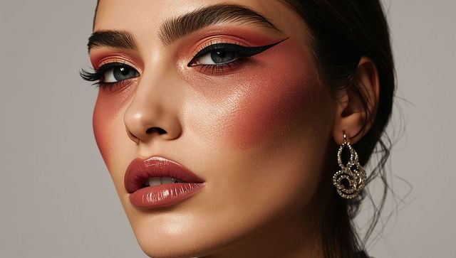 Model showcasing dramatic winged eyeliner, sculpted blush and ornate gold rhinestone earring