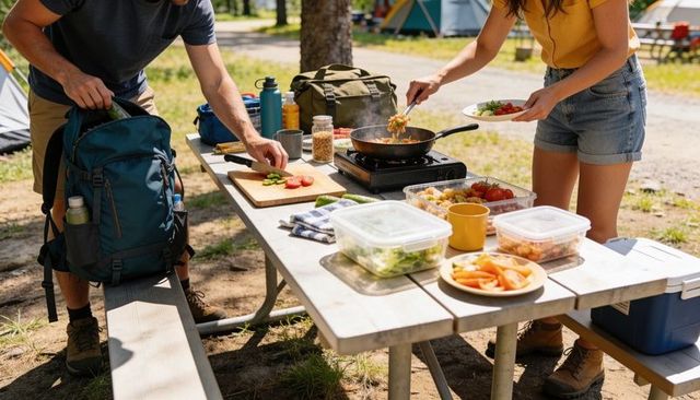 Couple camping cooking on portable stove at picnic table preparing fresh outdoor meal