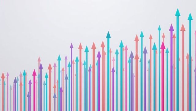 Rising pastel arrows with translucent gradients representing growth and data trends