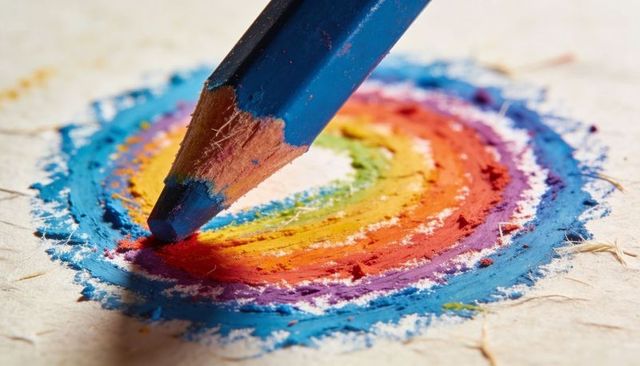 Closeup colored pencil drawing concentric rainbow pigment rings on textured paper