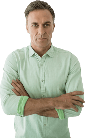 Confident Businessman in Lime Green Shirt Standing Against Transparent Background