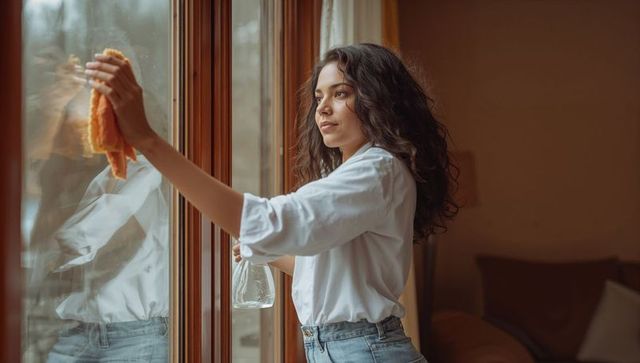 Young woman cleaning window with cloth and spray bottle in bright cozy living room