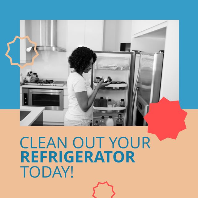 African American woman wearing casual clothing, opening refrigerator in modern kitchen, checking and organizing food items. Perfect for articles or blogs about home organization, kitchen cleaning tips, healthy living, and efficient use of kitchen appliances.