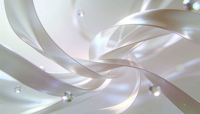 Pearlescent ribbons twisting and spiraling in ethereal pastel swirl with glass droplets