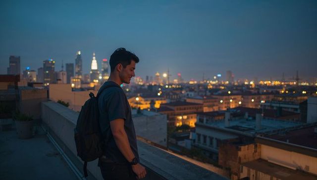 Young man surveying city skyline at dusk from rooftop parapet, backpack visible