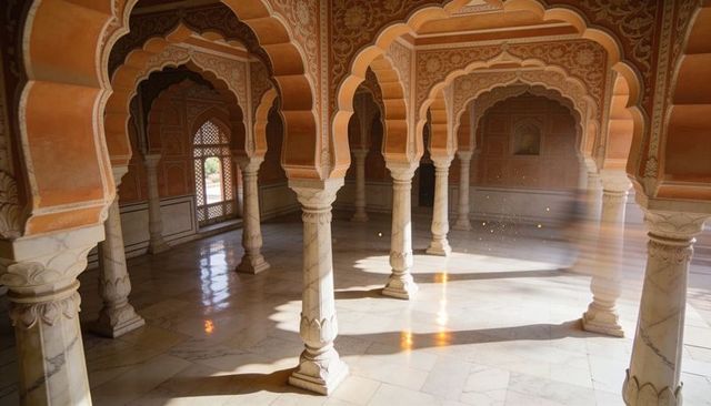Sunlit marble arcade with scalloped arches and carved columns, palace interior