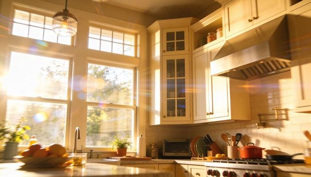 Sunlight bathing cozy white kitchen with morning glow, window light, red pot on range
