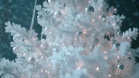 Elegant White Christmas Tree Under Falling Snow