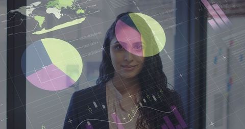 Businesswoman Analyzing Digital Interface with Global Data Visualizations