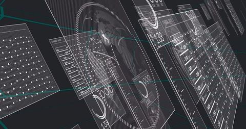 Floating translucent HUD showing 3D dataviz, holographic wireframe globe and dashboards