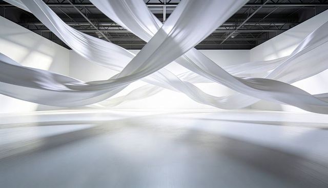 Floating translucent fabric ribbons crossing minimal white industrial gallery interior