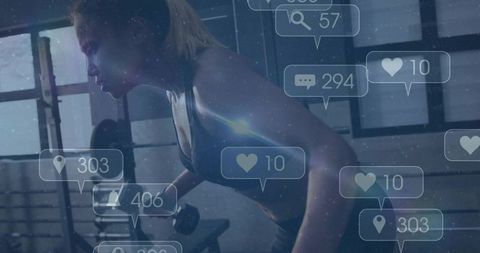 Woman Performing Dumbbell Row in Gym with Social Media Overlay