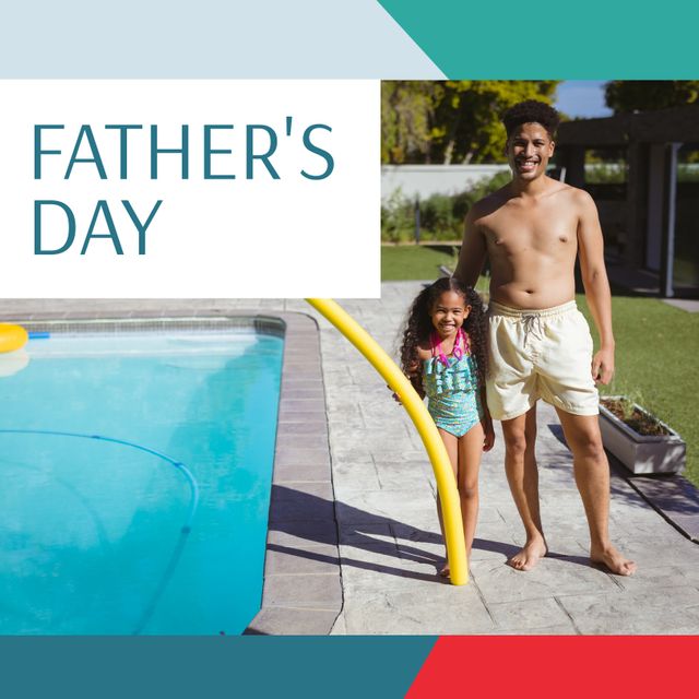 This colorful image showcases a mixed-race father and his young daughter enjoying leisure time by the poolside on Father's Day. Ideal for advertisements, family lifestyle articles, holiday promotions, greeting cards, and social media content related to Father's Day celebrations, family bonding, and summer activities. The vibrant colors and joyful expressions make it perfect for diverse family themes and recreational marketing campaigns.