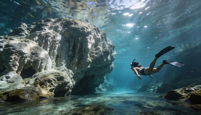 Female snorkeler exploring turquoise limestone cenote cave with sunbeams