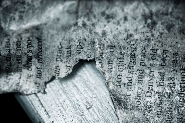 Image shows a close-up view of a torn vintage newspaper with visible text. The detailed texture and monochrome tones evoke a sense of history and time-worn decay. Ideal for use in projects depicting historical themes, backgrounds for vintage book covers, or illustrating the concept of aged and forgotten literature.