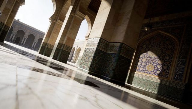 Sunlit mosque colonnade with polished marble reflections and ornate geometric mosaic tiles