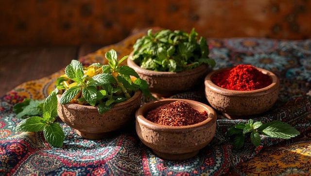 Rustic clay bowls showing fresh mint and vibrant red chili powders on paisley textile