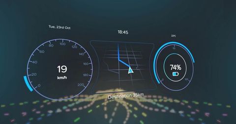 Futuristic car HUD projecting navigation route and battery status over neon night road
